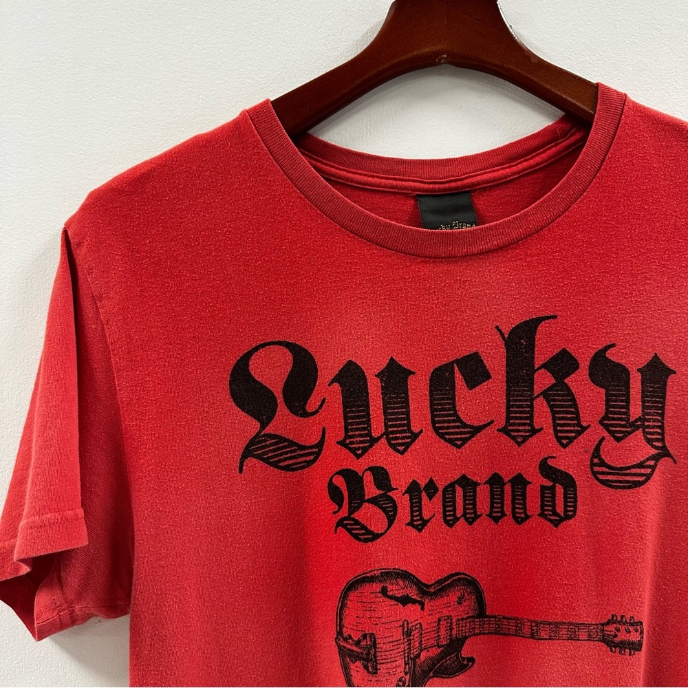 VTG Lucky Brand Graphic Tee Guitar Rooted in Rock n Roll Red Black Small